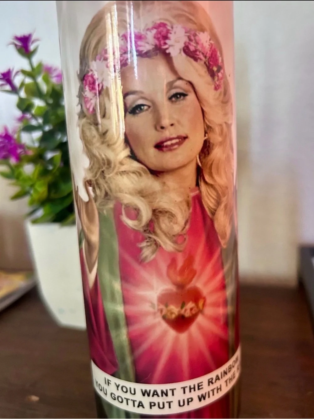 Dolly Parton Pink Devotional Prayer Candle - Floral Heart Design/ Rainbow quote